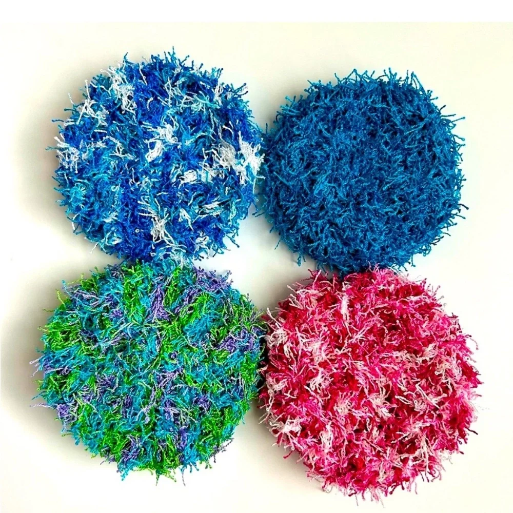 Hand Crafted Colorful Kitchen Dish Scrubbing Pads Crochet Polyester Lot of Four
